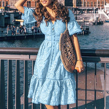 Load image into Gallery viewer, Summer New Fashion Women's V-Neck Short-Sleeved Openwork Single-Breasted Ruffle Lace Waist Long Dress Free Ship платье Z4
