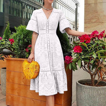 Load image into Gallery viewer, Summer New Fashion Women's V-Neck Short-Sleeved Openwork Single-Breasted Ruffle Lace Waist Long Dress Free Ship платье Z4
