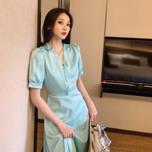 Load image into Gallery viewer, Korean Casual Slik Women Dress Solid Short Sleeve Satin Dress Women Dresses Woman Party Night Dress Elegant Long Dress
