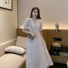 Load image into Gallery viewer, Korean Casual Slik Women Dress Solid Short Sleeve Satin Dress Women Dresses Woman Party Night Dress Elegant Long Dress
