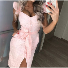 Load image into Gallery viewer, Women White Dress Lace Up Sexy Midi Vestidos Ruffles Sleeveless Bodycon Female Dresses 2020 Buttons Belt Elegant Ladies Clothes
