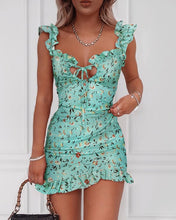 Load image into Gallery viewer, Women Spaghetti Strap Floral Print Deep V Neck Bodycon Dress Sleeveless Ruffles Ruched Mini Dress
